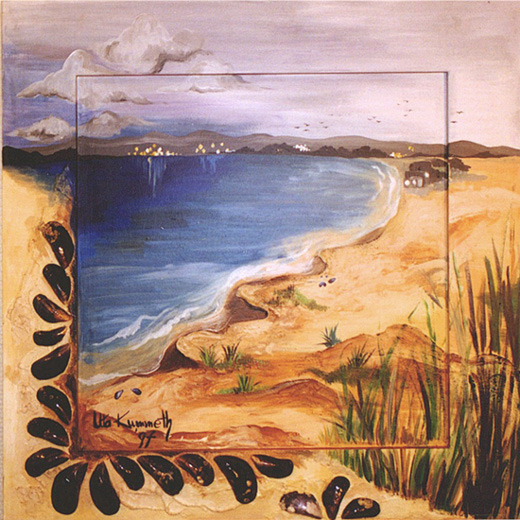 Acryl, teilw. gespachtelt, Auflage mit Sand und Sylter Miesmuscheln, Gre ca. 60x60 cm